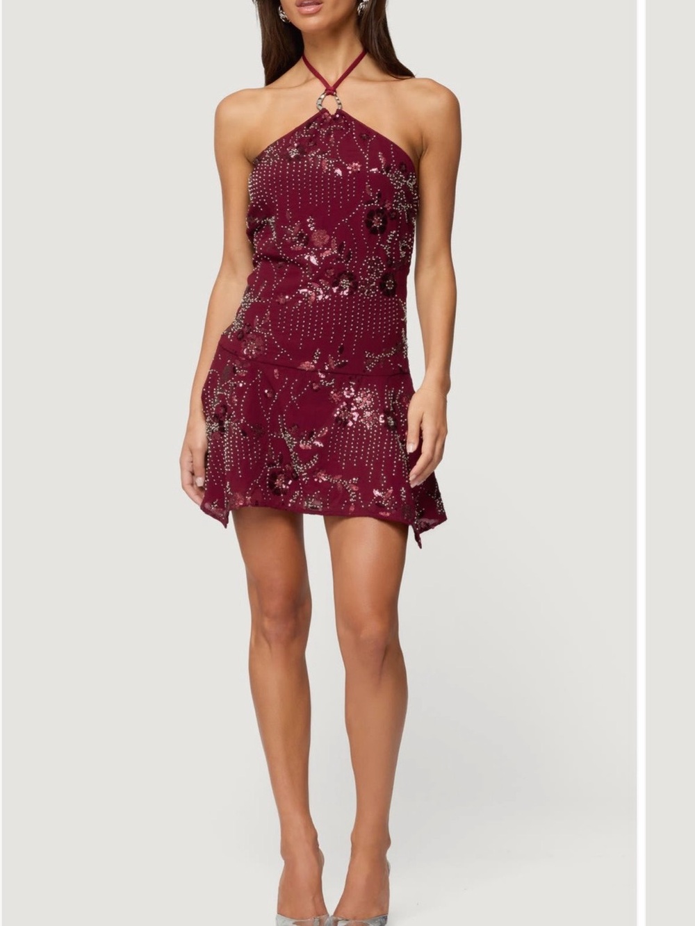 Edikted Adria Beaded Sequin Halter Mini Dress